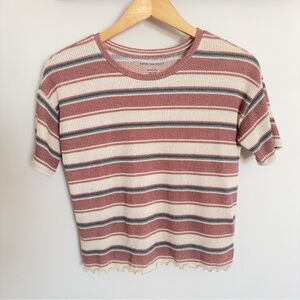 American Eagle Striped Ribbed Boxy Lettuce Ruffle Edge Tee XS NWOT